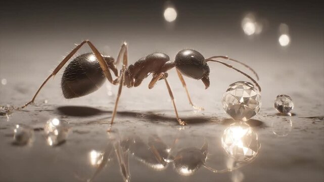 A macro shot depicts an ant near faceted, crystal-like spheres on a reflective surface