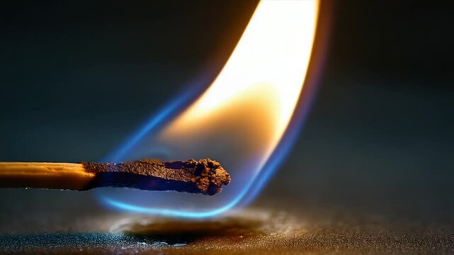 Close-up of a match igniting, showing flames and embers on a dark surface