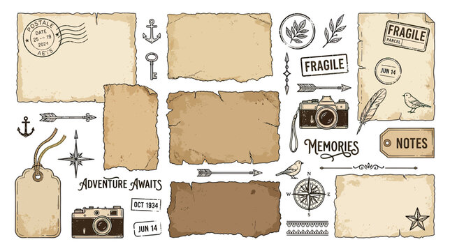 Vintage Travel Ephemera: Old Paper, Camera, Compass, Stamps, Notes