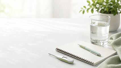 Fototapeta premium Fresh Morning Water Glass and Notebook on White Bed
