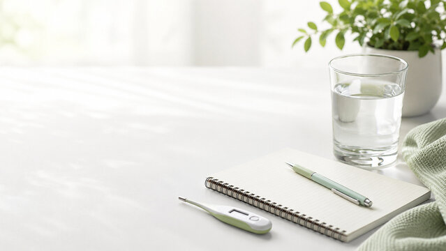 Fresh Morning Water Glass and Notebook on White Bed