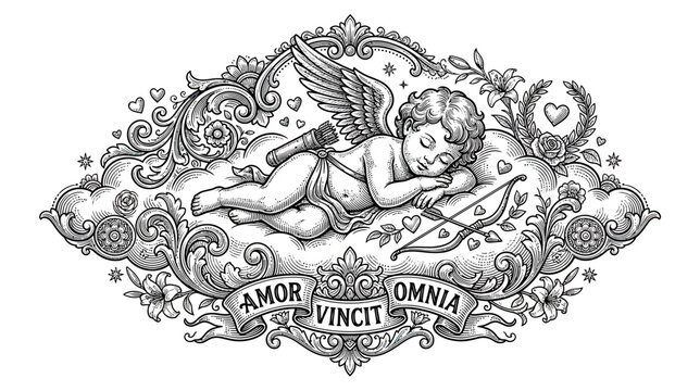 Sleeping Cupid Angel with Bow and Arrows on Clouds, Romantic Vintage Ornament