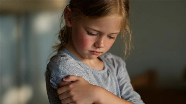 A young girl with rosy cheeks and blonde hair, looking down at her hands.