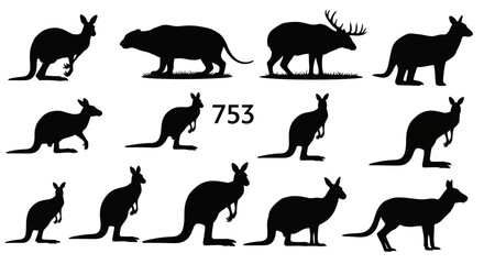 Fototapeta premium Australian wildlife silhouette collection, kangaroo and wallaby black vector shapes, wild animal icons set for nature design and logos
