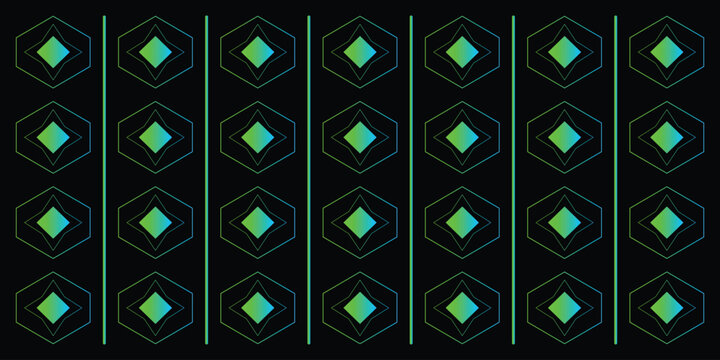 Seamless dark geometric pattern with green hexagon shapes and diamonds on black background