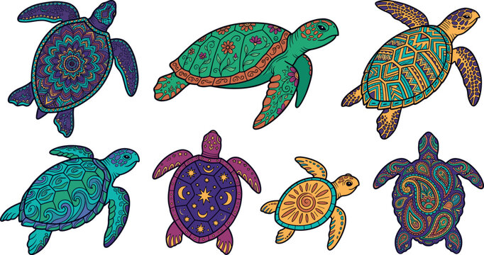 Sea turtle vector illustration set featuring mandala paisley floral and celestial ornamental pattern designs for graphics