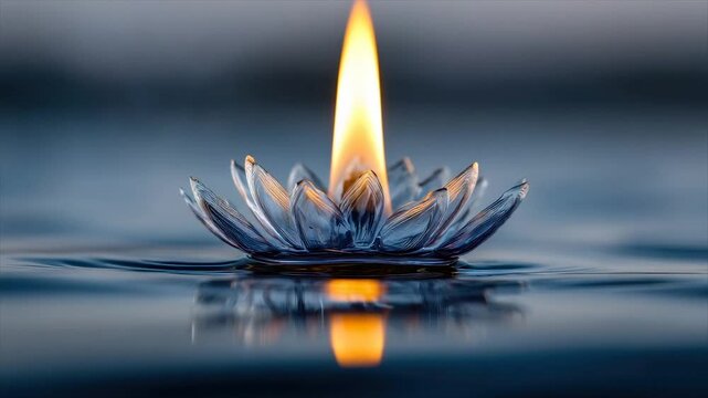 A glowing flame rises from a glass lotus flower floating on water, reflecting light