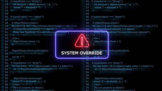 System override warning neon sign over digital programming code background, error alert