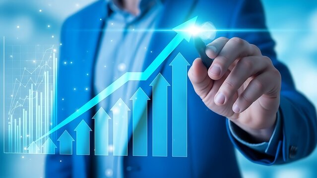 Business Professional Drawing Growth Chart with Digital Interface in Modern Office Setting