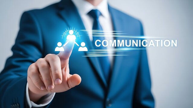 Businessman touching communication icon in blue suit