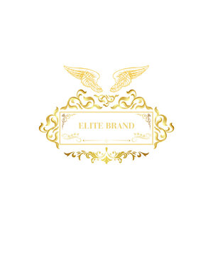 Logo stemma dorato stile barocco con ali d'angelo e testo universale per brand di lusso