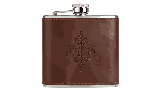 Elegant brown leather hip flask with ornamental pattern.