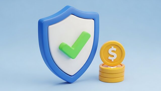 Shield with checkmark and stack of coins, security and finance concept