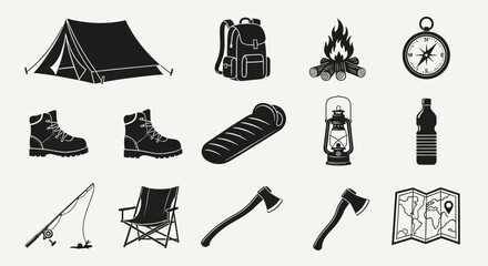 Fototapeta premium Camping icons set in black silhouette style, outdoor adventure equipment collection, 13 hiking and survival gear vector elements for travel design