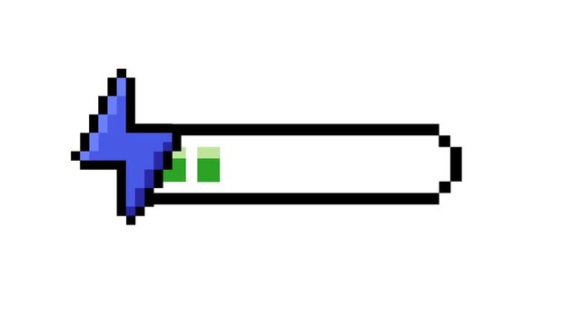 Retro Pixel Art Progress Bar Icon for Digital Interfaces and Game UI, Showing Loading Status with a Blue Arrow Indicator and Green Fill Segments
