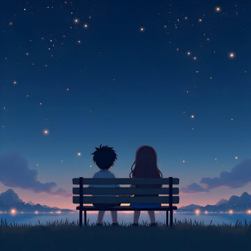Couple sitting on a bench under starry night sky