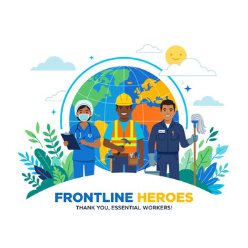 Illustration showing diverse frontline heroes and essential workers standing in front of a global map.