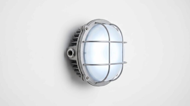 Industrial round bulkhead wall light fixture with a protective metal cage against a white background