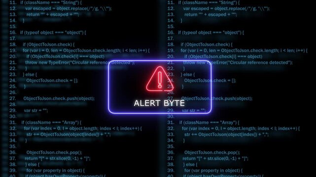 Cyber security alert warning sign with glowing neon code background, for data breach, and system error notification