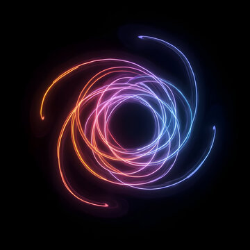 Swirling neon light trails in a spiral pattern on black background
