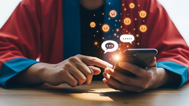 Person Holding Smartphone with Social Media Notifications on Wooden Table in Warm Light