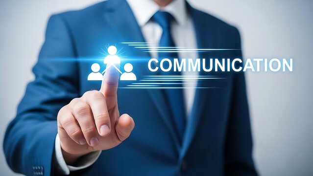 Businessman touching communication icon on virtual screen