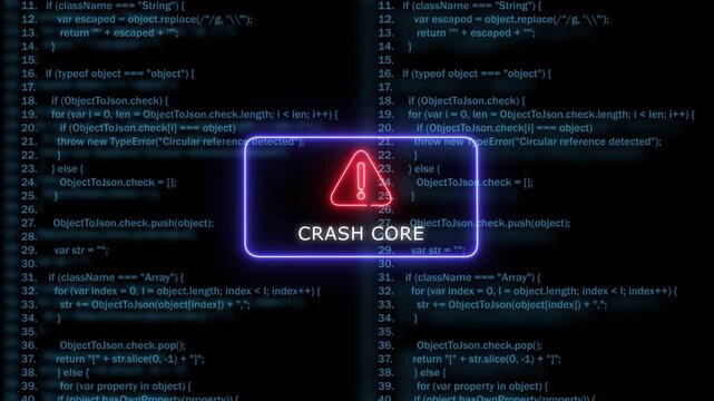 System error warning with crash core text and glowing neon alert over digital programming code software development