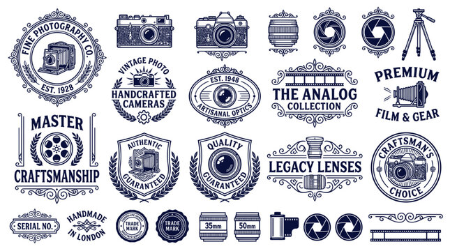 Vintage Camera Badges & Emblems - Photography Retro Design Elements