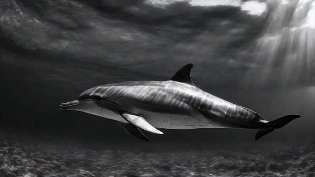A grayscale image showcases a dolphin swimming underwater, with light rays piercing the cloudy surface