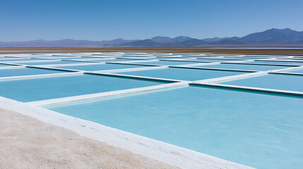 Fototapeta premium Vast expanse of square evaporation ponds with clear blue water under a bright sky, surrounded by arid landscape and distant mountains