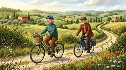 Fototapeta premium Senior couple riding bicycles through a scenic rural landscape