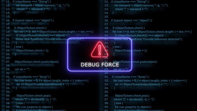 Debug force warning sign over glowing blue programming code background, for software development coding