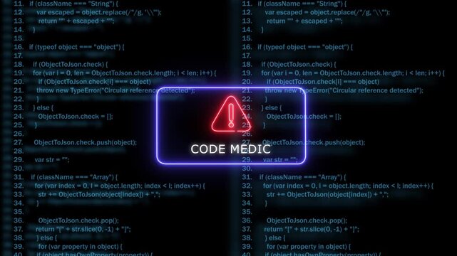 Code medic neon sign over software programming source code background, for tech troubleshooting coding