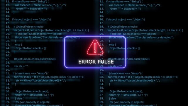 Digital error warning sign with pulsing neon alert over abstract software source code background programming