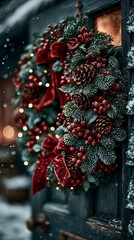 Obraz premium Festive Christmas wreath with red bow, pinecones, and berries on snowy door.