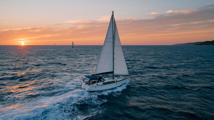 Fototapeta premium Aerial view of sailboat sailing on calm ocean during sunset.