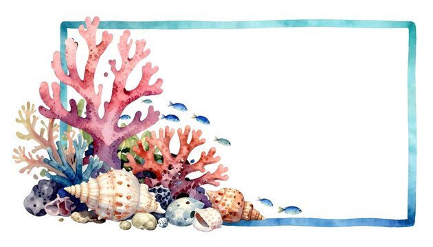 Watercolor coral reef with shells and small fish forming a decorative border