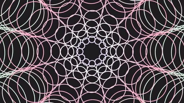 Abstract geometric background with repeating circular patterns in soft pink and white colors.