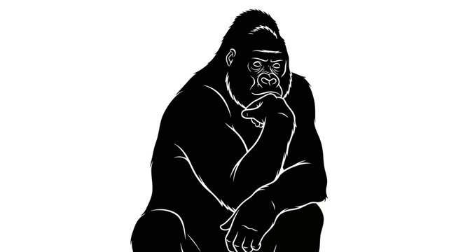 Thinking gorilla silhouette vector, contemplative silverback ape in pensive pose, black and white primate illustration for logo design