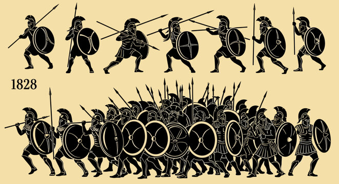 Ancient Greek Spartan warriors in phalanx formation, black silhouette hoplite soldiers with spears and shields, vintage antique pottery style vector