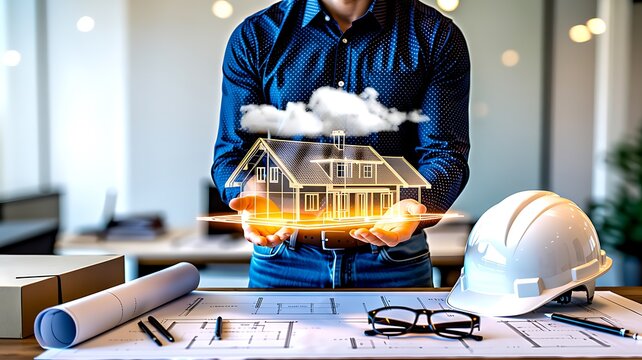 Architect holding digital house model with construction tools and engineering workspace for modern building design