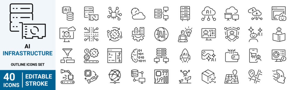AI Infrastructure Line Icons Set. Artificial Intelligence, Cloud Computing, GPU Servers, Data Center, Machine Learning. Editable stroke. Vector illustration