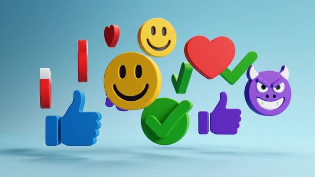 Three dimensional social media reaction icons floating in studio