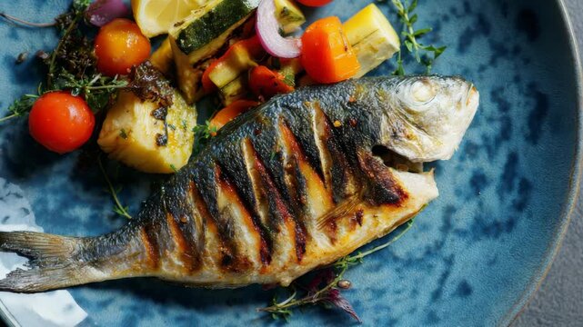 Grilled whole fish served on a plate with vegetables, including tomatoes and carrots, as garnish. The dish is presented on a blue ceramic plate.