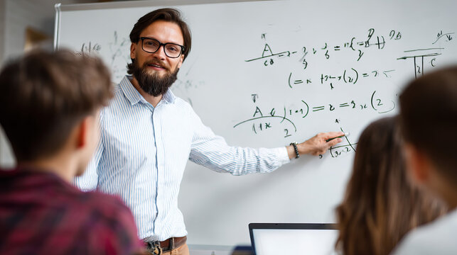 Teacher explaining math problem on whiteboard in bright classroom with attentive students