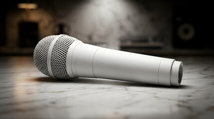 Obraz premium Close Up Of A White Microphone Resting On A Marble Surface With A Blurry Background And Studio Lighting