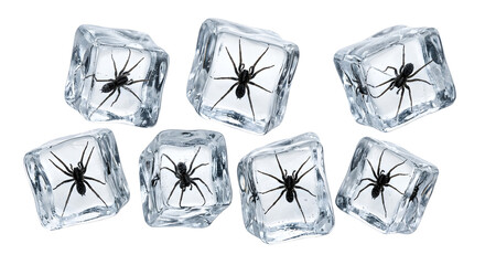 Fototapeta premium Black spiders frozen inside clear ice cubes