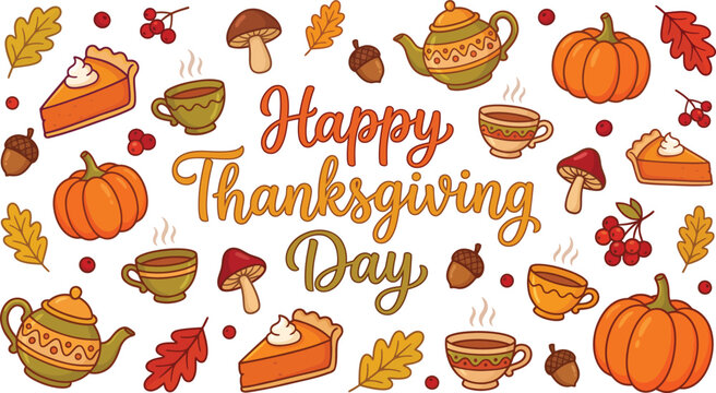 Happy Thanksgiving Day greeting banner with autumn pumpkins pie and tea icons pattern