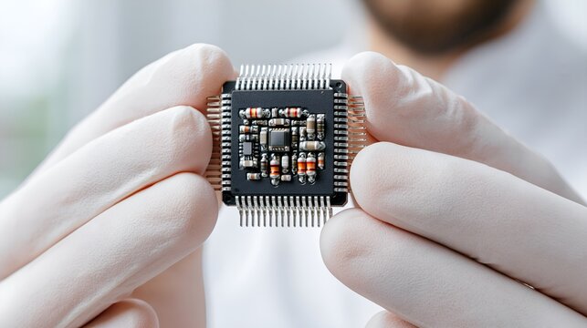 Gloved hands hold a small integrated circuit chip.