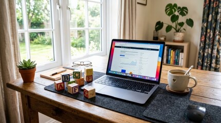 Fototapeta premium A laptop, alphabet blocks, a coffee mug, and a small potted plant sit on a wooden desk, reflecting a working mother multitasking at home